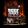 Beef jerky garlic verpakking naast houten ton