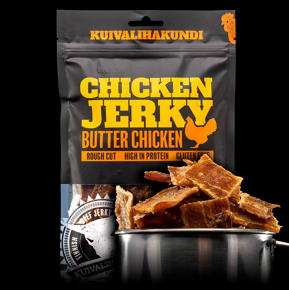 Verpakking van chicken jerky met stukjes gedroogde kip