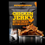 Verpakking van chicken jerky met stukjes gedroogde kip